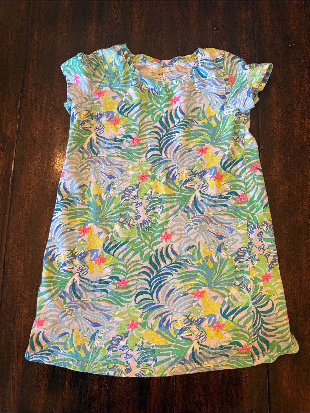 Lilly Pulitzer Girls' Tropical Floral Short Sleeve Dress in Blue Green Yellow